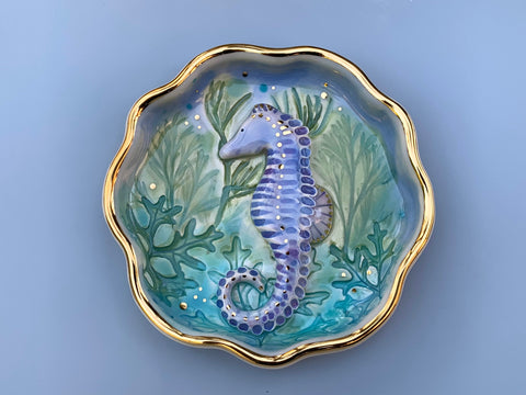 Seahorse jewelry dish, ceramic dish with gold accents