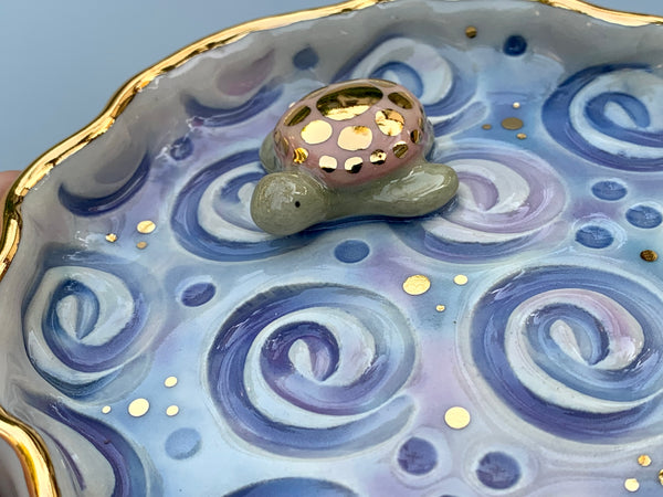 Pink Sea Turtle, Ceramic Dish with Ocean Waves and 22kt Gold Accents