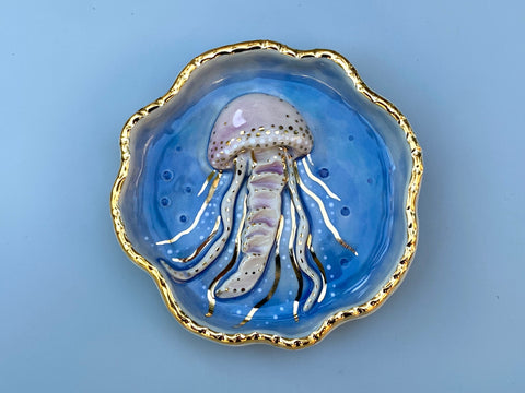 Jellyfish jewelry dish, ceramic dish with gold accents