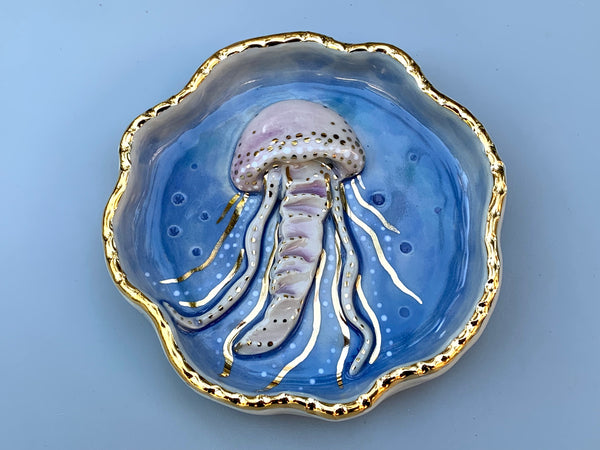 Jellyfish jewelry dish, ceramic dish with gold accents