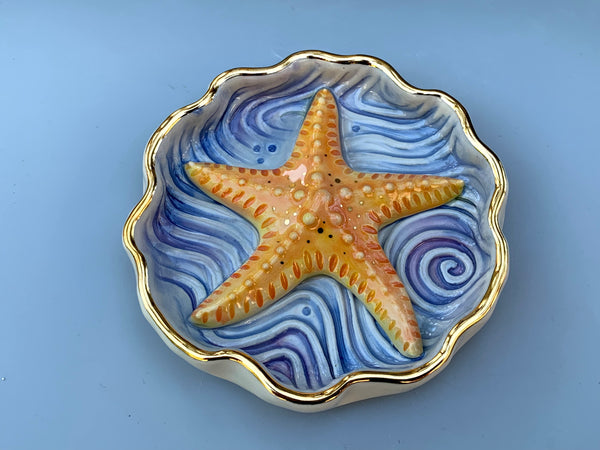 Starfish jewelry dish, ceramic dish with gold accents