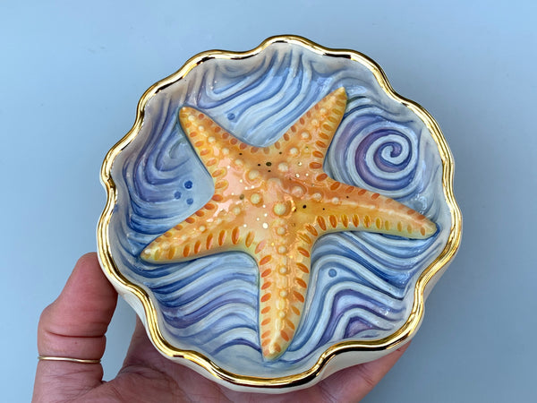 Starfish jewelry dish, ceramic dish with gold accents