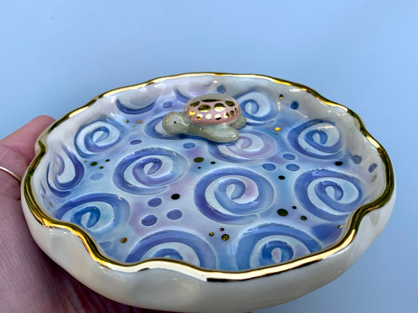 Pink Sea Turtle, Ceramic Dish with Ocean Waves and 22kt Gold Accents
