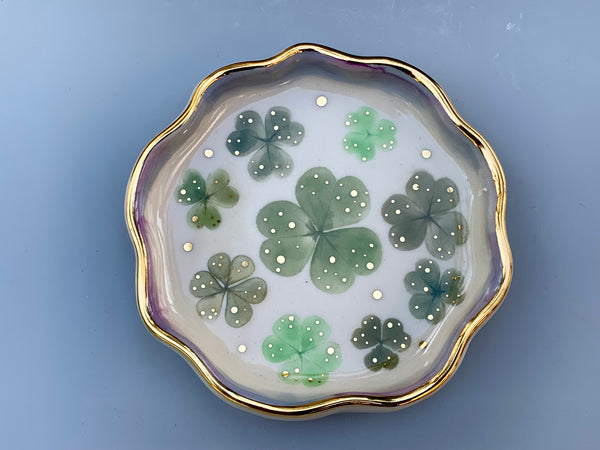 Green Shamrocks, Ceramic Jewelry Dish with Lemon Clover and Real Gold
