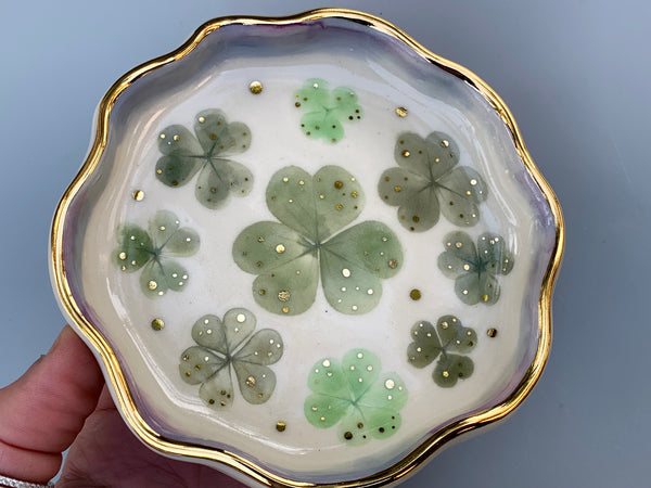 Green Shamrocks, Ceramic Jewelry Dish with Lemon Clover and Real Gold