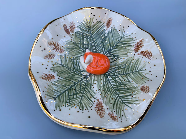 Large Fox and Evergreen Jewelry Holder, Ceramic Trinket Dish with Gold Accent