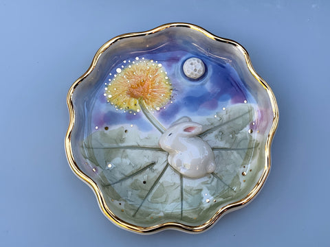 Sleeping Bunny on Dandelion Patch Jewelry Dish, Ceramic with Real Gold