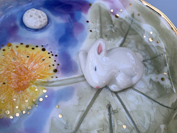 Sleeping Bunny on Dandelion Patch Jewelry Dish, Ceramic with Real Gold