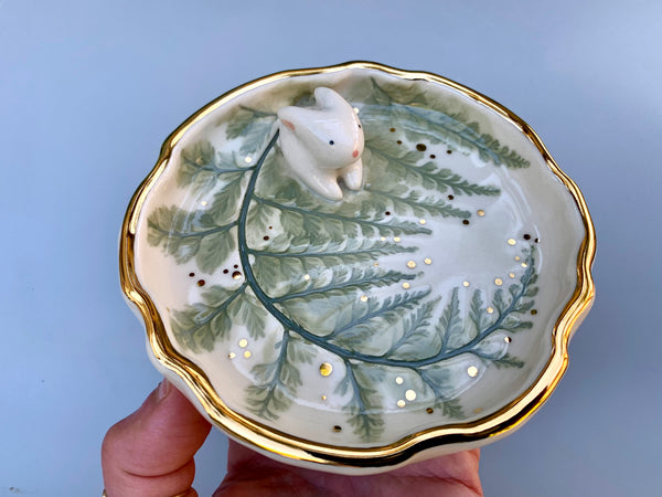 Bunny on Sparkling Fern Jewelry Dish, Ceramic with Real Gold