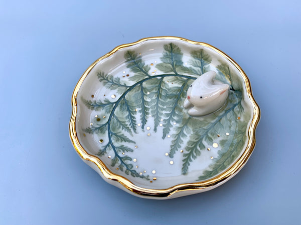 Bunny on Sparkling Fern Jewelry Dish, Ceramic with Real Gold