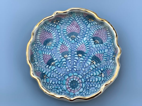 Large Peacock Lace Ceramic Jewelry Dish with Gold Accents