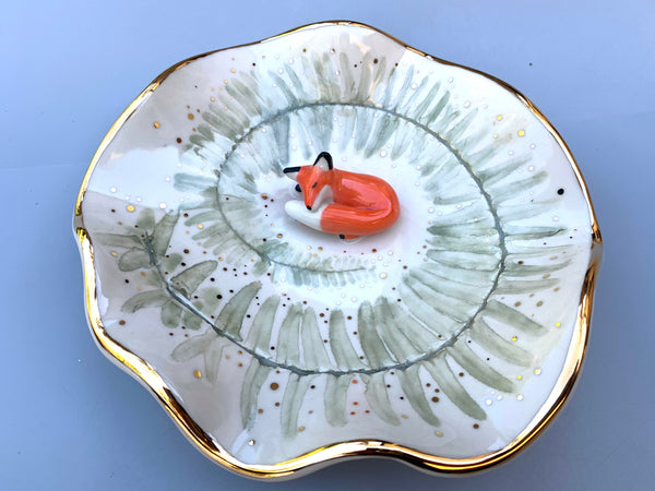 Large Sleeping Fox Jewelry Holder, Ceramic Fern Leaf Trinket Dish with Gold Accent