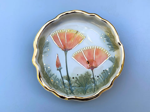 California Poppy Jewelry Holder, Ceramic Dish with Flower Imprint