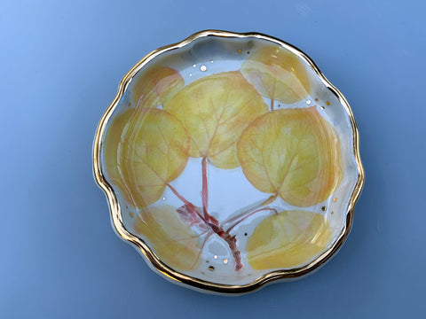 Golden Aspen Ceramic Jewelry Dish, Colorful Fall Leaves with Gold Accent