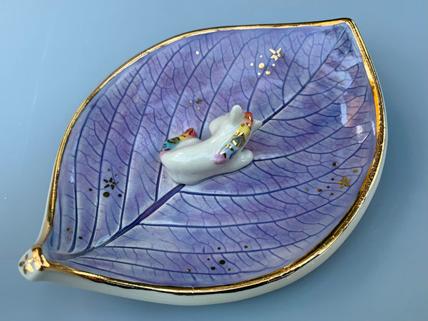 Large Unicorn Jewelry Holder, Ceramic Leaf Trinket Dish with Gold Accent