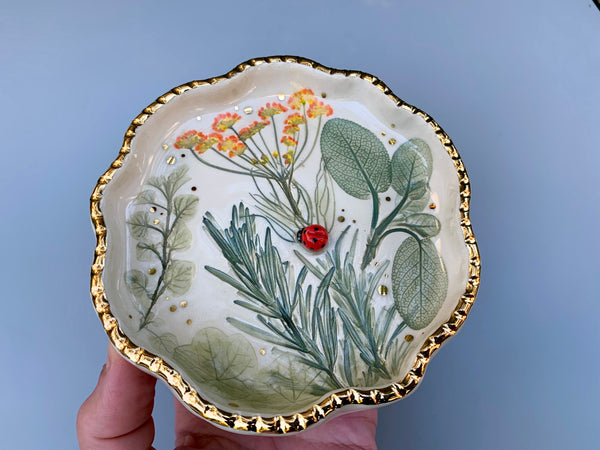 Ladybug with Herb Garden Jewelry Dish, Ceramic with Gold Accent - Vuvu Ceramics