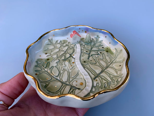 Woodland Home Ceramic Dish, Tiny Forest House with Gold Accents