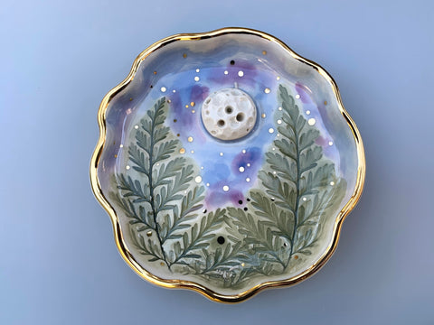 Forest Moon Jewelry and Incense Holder, Ceramic Dish with Gold Accents - Vuvu Ceramics