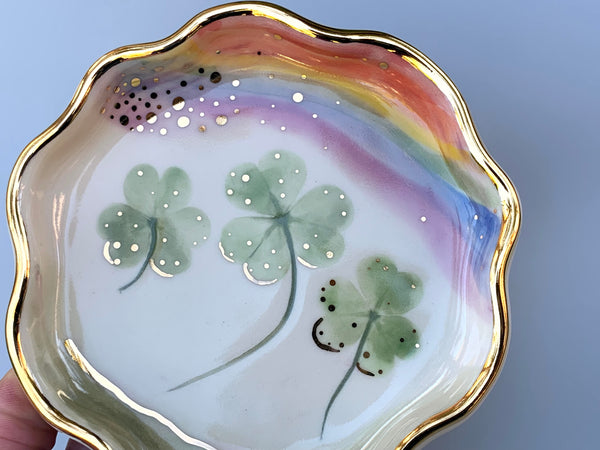Rainbow Shamrocks, Ceramic Jewelry Dish with Lemon Clover and Real Gold
