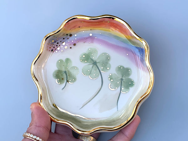 Rainbow Shamrocks, Ceramic Jewelry Dish with Lemon Clover and Real Gold