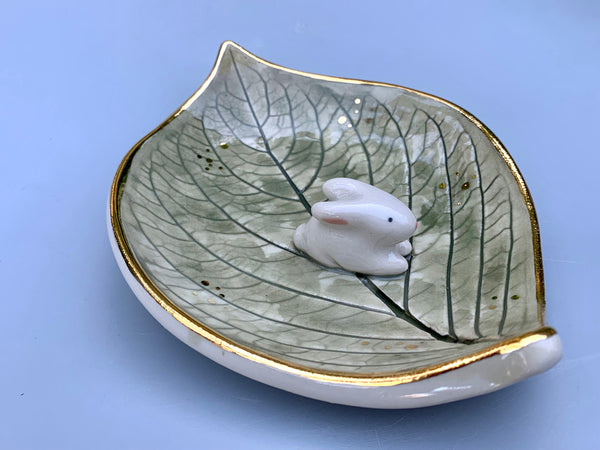 Bunny on Sparkling Hydrangea Leaf Shaped Dish, Ceramic with Gold Accents