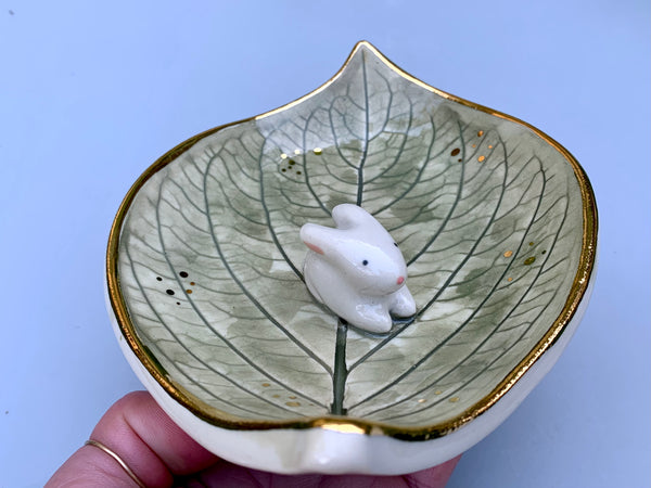 Bunny on Sparkling Hydrangea Leaf Shaped Dish, Ceramic with Gold Accents