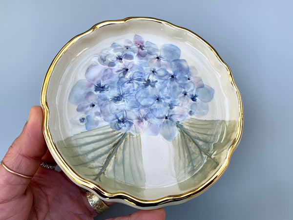 Blue Hydrangea Jewelry Holder, Ceramic Dish with Flower Imprint
