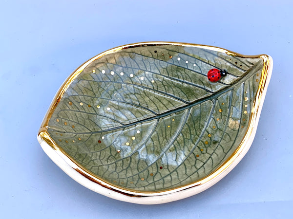 Large Ladybug on Hydrangea Leaf Dish with Gold Accents