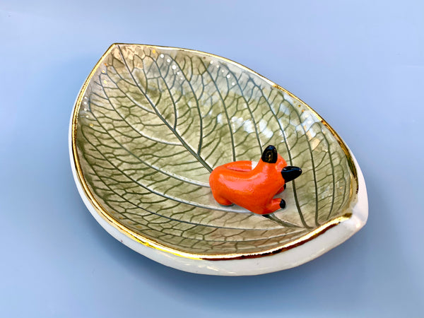 Sleeping Fox Jewelry Holder, Ceramic Hydrangea Leaf Trinket Dish with Gold Accent