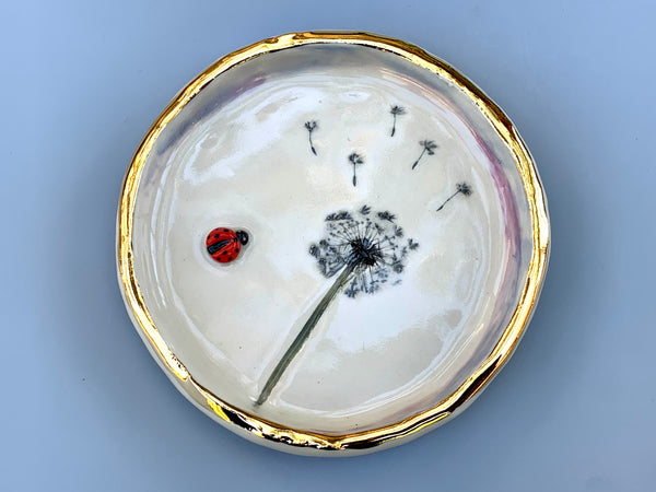 Large Ladybug Dish with Dandelion Seed Head, with 22kt gold accents - Vuvu Ceramics