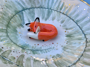 Ceramic fox jewelry dish with leaf imprint and gold rim, by vuvu ceramics