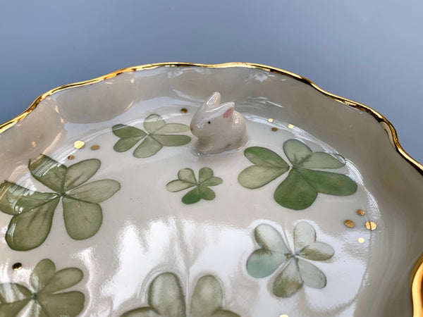 Tiny Bunny with Lemon Clover, Ceramic Jewelry Dish with Real Gold