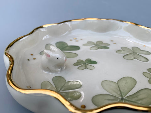 Tiny Bunny with Lemon Clover, Ceramic Jewelry Dish with Real Gold