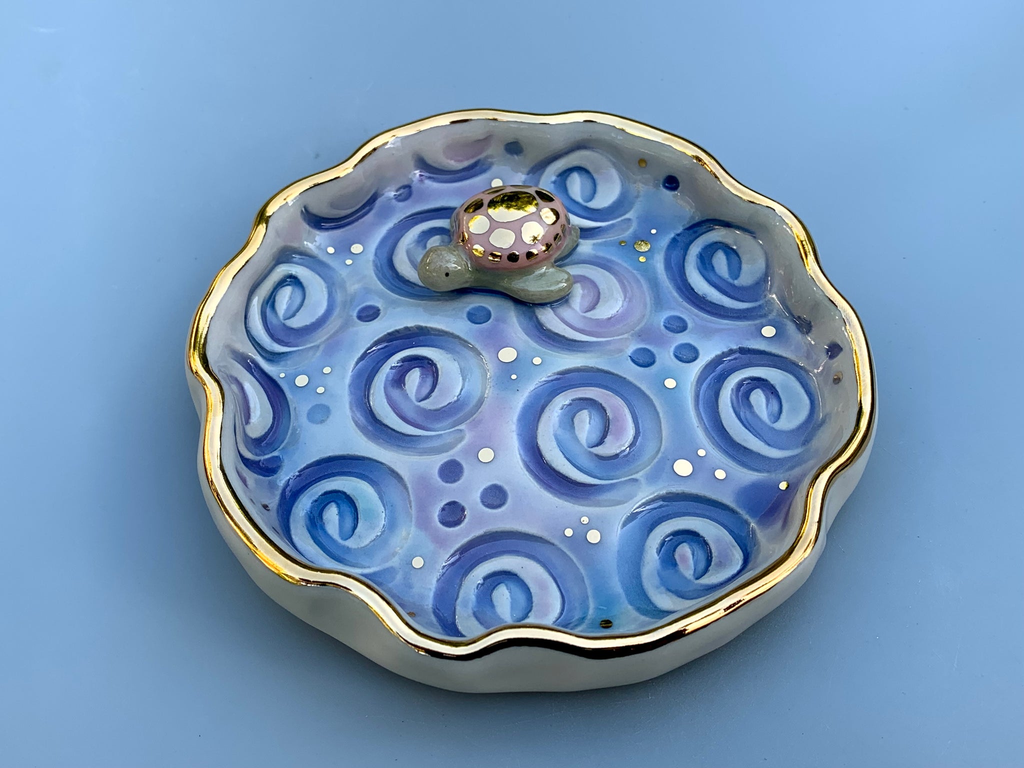 Pink Sea Turtle, Ceramic Dish with Ocean Waves and 22kt Gold Accents