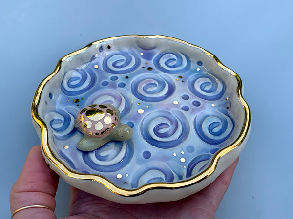 Pink Sea Turtle, Ceramic Dish with Ocean Waves and 22kt Gold Accents