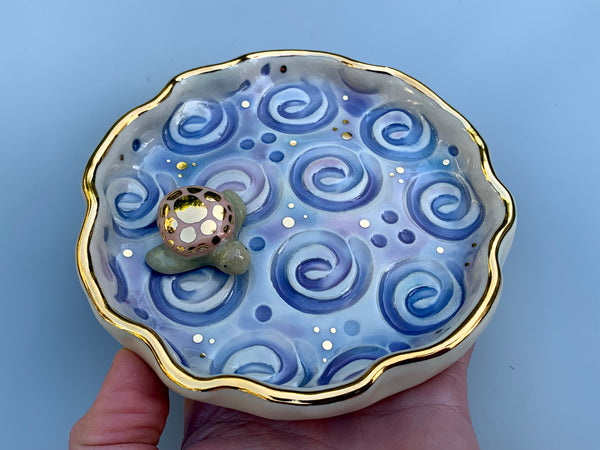 Pink Sea Turtle, Ceramic Dish with Ocean Waves and 22kt Gold Accents