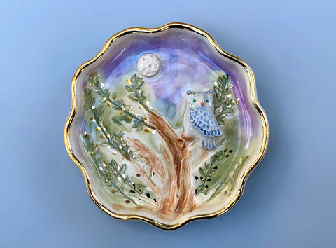 Owl in Nighttime Forest Jewelry Holder, Ceramic Dish