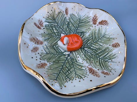 Large Fox and Evergreen Jewelry Holder, Ceramic Trinket Dish with Gold Accent