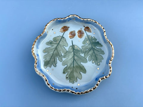 Oak Leaf and Acorn Ceramic Jewelry Dish, with gold accents
