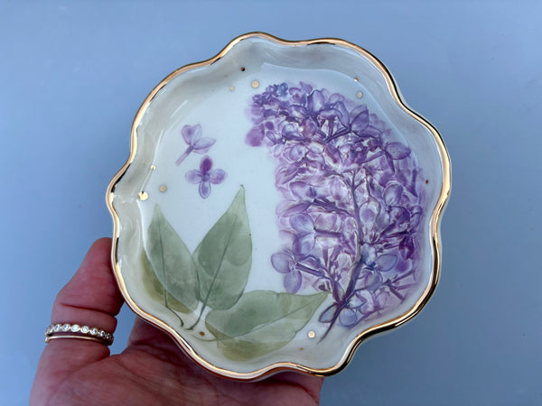Lilac Jewelry Holder, Ceramic Dish with Flower Imprint