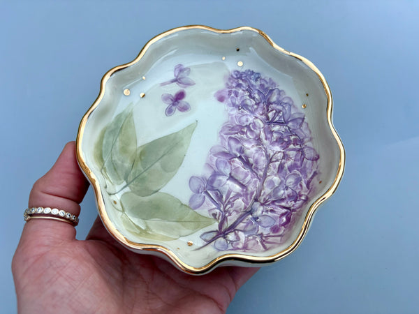 Lilac Jewelry Holder, Ceramic Dish with Flower Imprint