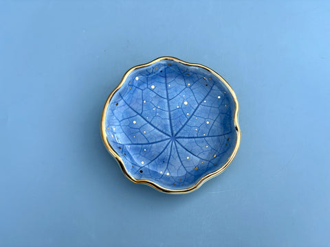 Small Periwinkle Blue Ceramic Leaf Dish with Gold Accents, Nasturtium lily pad