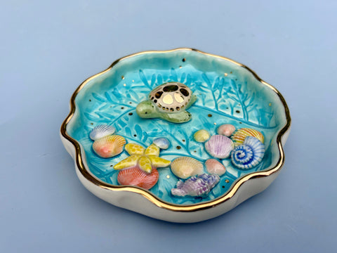 Green Sea turtle jewelry dish, ceramic dish with Caribbean blues and gold accents