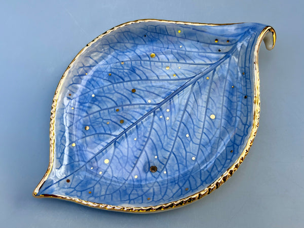 Large Periwinkle-Blue Hydrangea Leaf Jewelry Holder, Ceramic Dish with Gold Accents - Vuvu Ceramics
