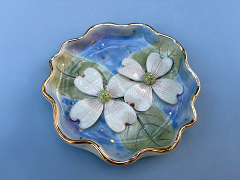 Dogwood Flower Jewelry Holder, Ceramic Dish with Sculpted Flowers