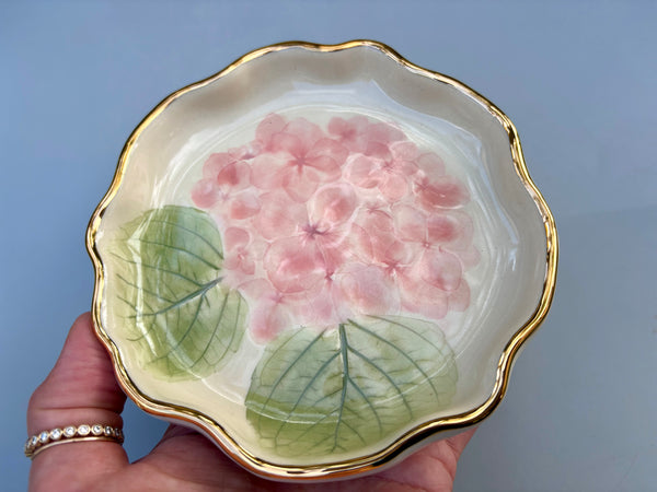 Pink Hydrangea Jewelry Holder, Ceramic Dish with Gold Accents - Vuvu Ceramics