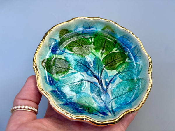 Sage Leaves in Peacock Blues, Ceramic Dish with Gold Accent - Vuvu Ceramics