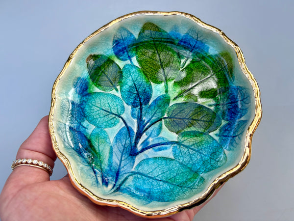 Sage Leaves in Peacock Blues, Ceramic Dish with Gold Accent - Vuvu Ceramics