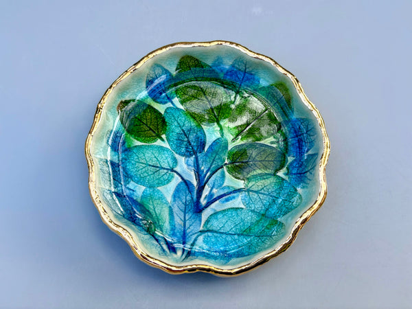 Sage Leaves in Peacock Blues, Ceramic Dish with Gold Accent - Vuvu Ceramics