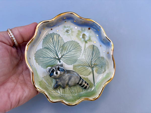 Curious Raccoon in the Strawberry Patch Jewelry Dish, Ceramic with Real Gold - Vuvu Ceramics